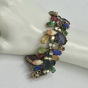 J. Crew Asymmetrical Colorful Multi-Color Stone Gold Tone Statement  Bracelet 8"